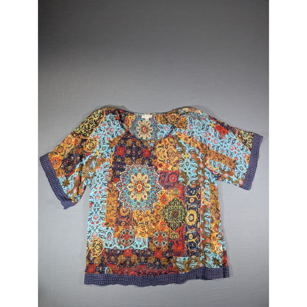 CJ Banks Woman 1X Boho Patchwork Mandala Print Blouse Crochet Trim Top Multi
